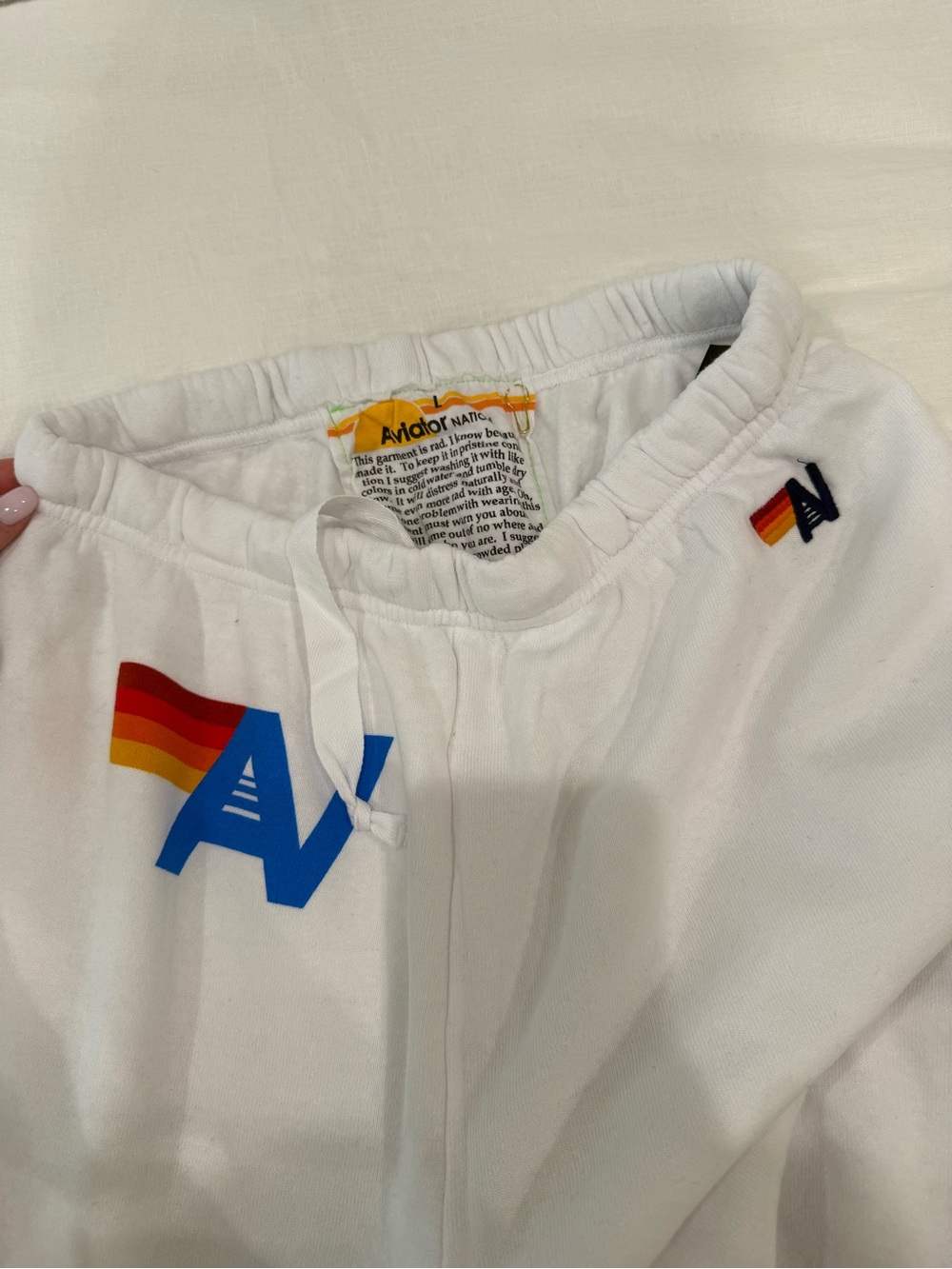 Aviator Nation White Sweatpants with Multicolor Stripe 'A' Logo